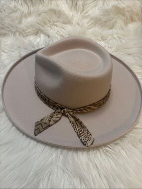 Womens Wide Brim Felt Hat with Aztec Tie - Beige